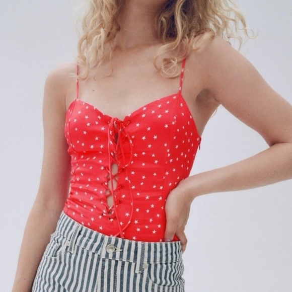 Zara Tops - Zara Red Star Satin Effect Lace Up Bodysuit